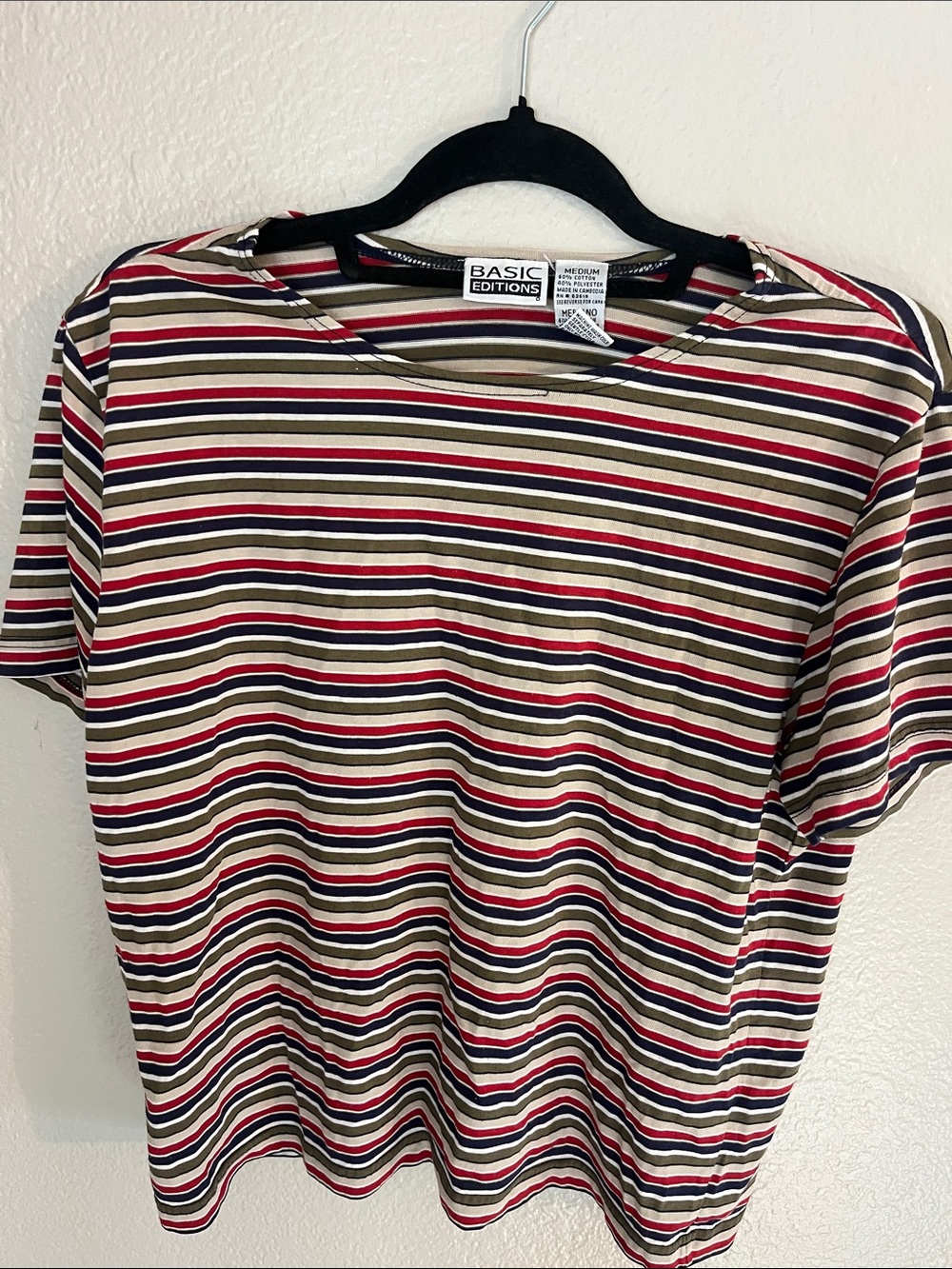 Basic Editions Striped Short Sleeve Tee in Beige, Black & Red